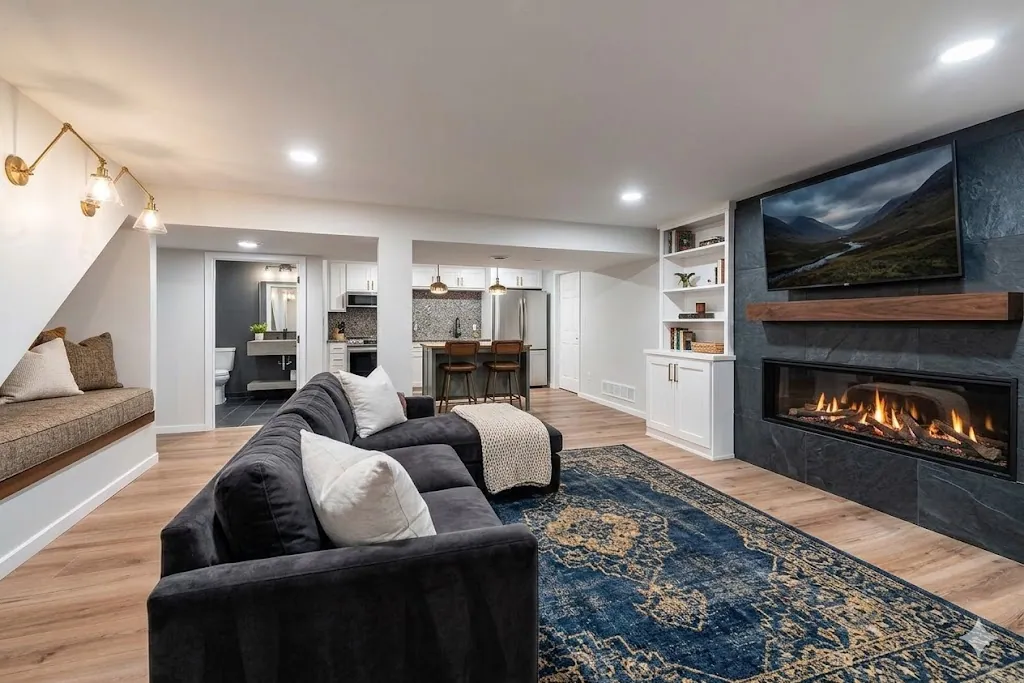 Finished basement living room with fireplace